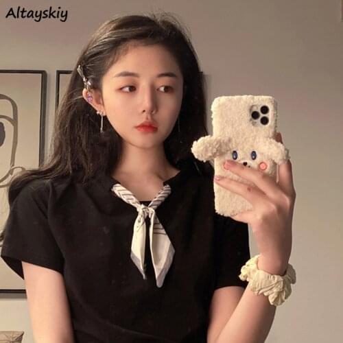 T-shirts Women Elegant Ulzzang Popular Simple Solid Color Bow Lovely Girls College Casual Teens All-match Basic Short Sleeve Tee