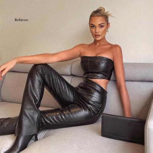 Women Pu Leather Fashion Sexy Strapless Crop Top and Long Pants Two Piece Sets Club Party Outfits Matching Set Spring