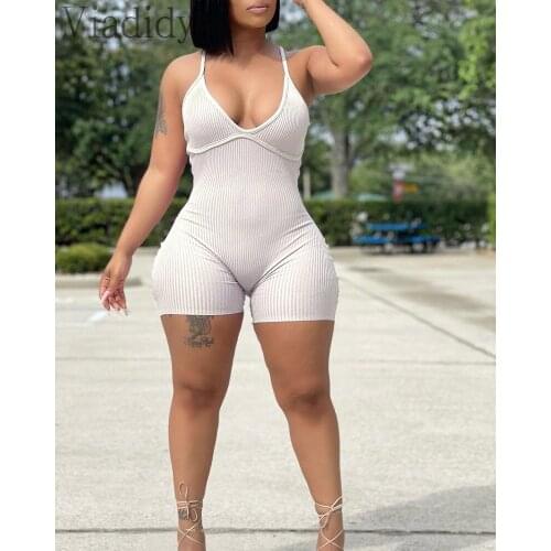 Women Skinny Sleeveless Playsuit Solid Color V-Neck Spaghetti Strap Casual Sport Romper