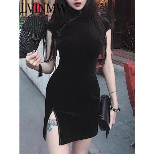 LVINMW Fashion Chinese Style Velvet Cheongsam Dress 2019 Summer Women Short Sleeve Split Mini Dresses Elegant Female Party Qipao