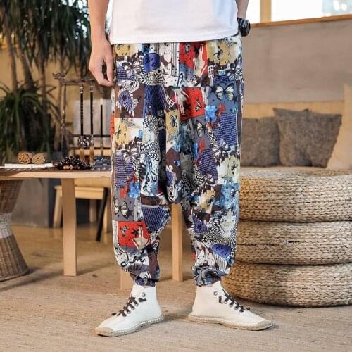 2021 Mens Loose Harem Pants Cotton Joggers Retro Loose Trousers Man Chinese Style Linen Pants Male Big Crotch Robe Pants 12112
