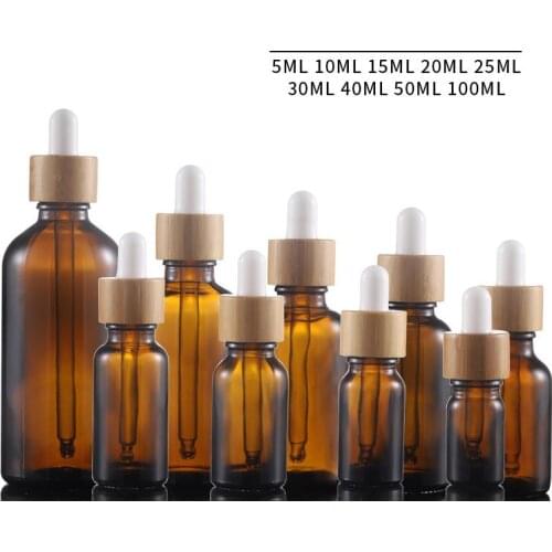 300pcs 5-100ml Refillable Dropper Bottle Bamboo Cover Amber essential oil Glass Aromatherapy Liquid Drop Massage Pipette Bottles