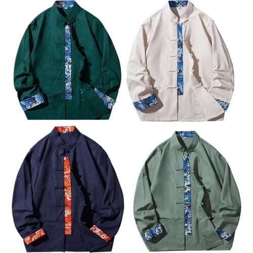 3XL Spring Autumn New Chinese Traditional Clothes Vintage Button Tang Suit Men Fashion Print Loose Casual Hanfu Plus Size