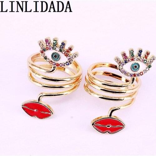 8Pcs Gold Color Multi Rainbow Zirconia CZ Pave Eye Enamel Lip Jewelry Rings Fashion Jewelry For Women Girls
