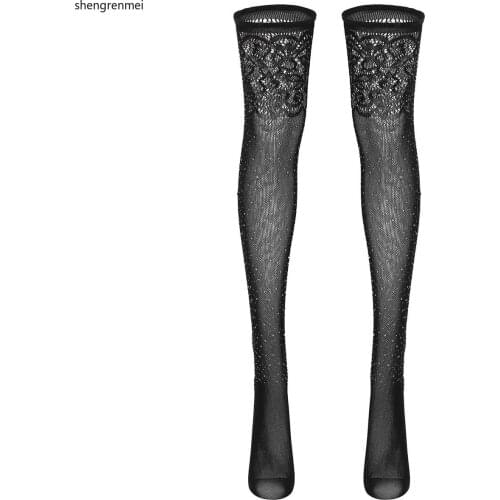Shengrenmei Mens Sexy Stockings Rhinestone Thigh High Stocking Fishnet Men Over Knee Male Bling Hosiery Sexy Clothing