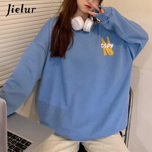 Jielur Autumn Fashion Oversize Hoodie Female Casual Street Women Top Black Blue Pullover Thin Loose Letter Print Sweatshirt M-XL