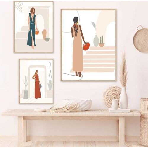 Boho Fashion Girl Canvas Painting Nordic Wall Art Posters Prints Abstract Pictures for Living Room Home Decor