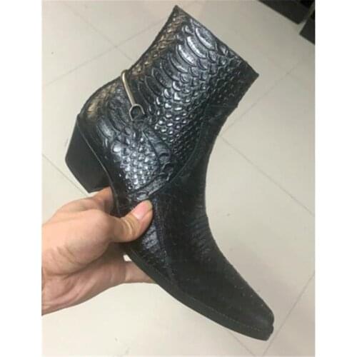 New 2020 Genuine Leather Serpentine Men Booties back metal strap 5cm heel high luxury handmade Chelsea Boots