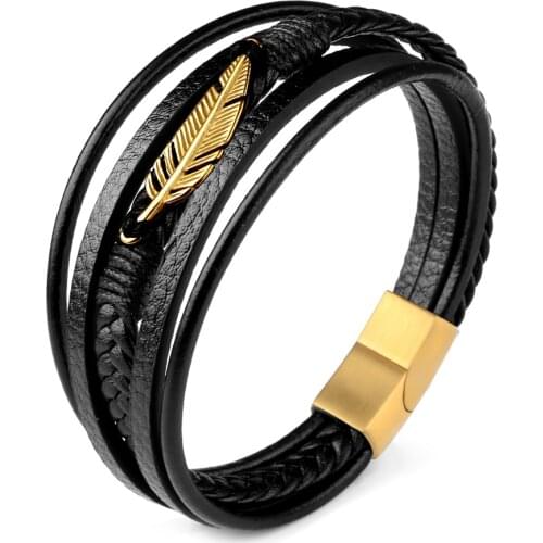 Black Stainless Steel Genuine Leather Bracelet Multiple layers Charm Magnetic Clasp Feather Punk Rock Bangles For Male