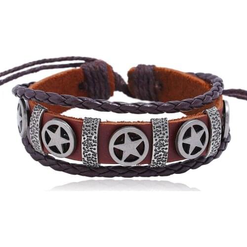Punk Fashion Star Genuine Leather Men Bracelet Vintage Retro Alloy Beads Charm Bangle Wrap Wristbands Women Rock Gothic Jewelry