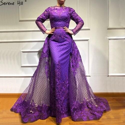 Newest Purple Long Sleeves Fashion Evening Dresses 2020 Appliques Sequined Mermaid Sexy Evening Gowns Real Photo LA6548