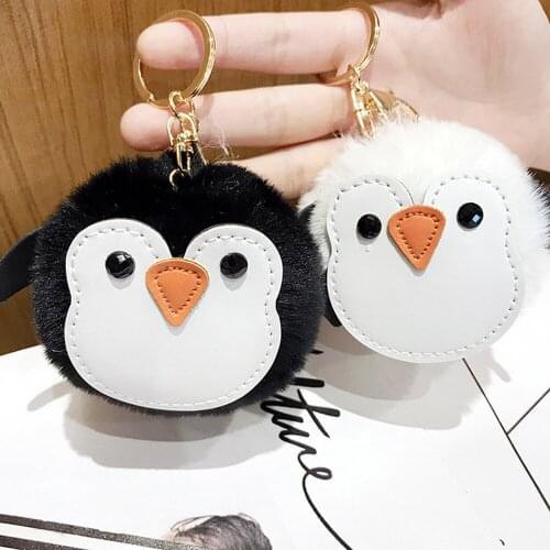 8CM Fluffy Ball Jewelry Cute Furry Penguin Keychains For Women Girls Bag Hanger Faux Rabbit Fur Car Key Ring Key Chains Pom Pom