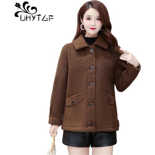 UHYTGF Women Jacket Lamb Cashmere Casual Warm Autumn Winter Fur Coat Pure Color Wild Loose 4XL Plus Size Outwear Short Tops 1225