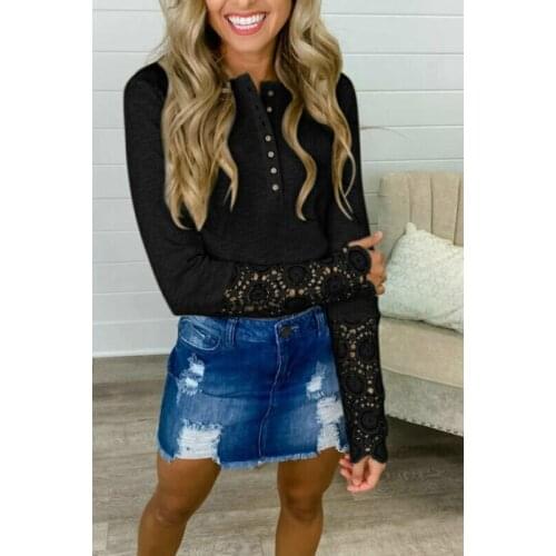 Womens Lace Long Sleeve Buttons Ribbed Casual Tops Pullover Jumper Blouse Shirts