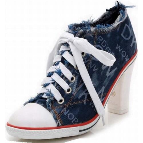 2016 new arrival fashion women print denim thick high heels shoe breathable canvas high heeled casual shoes lace up ladies pumps
