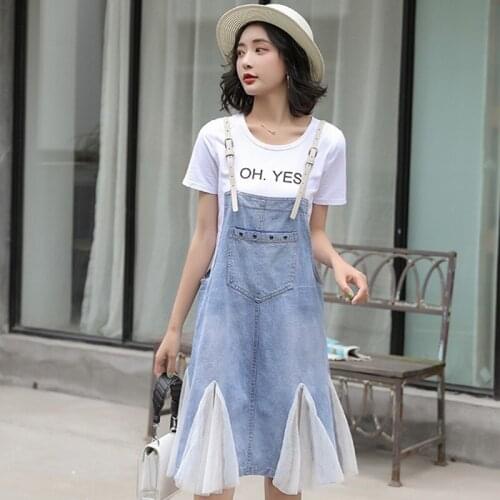 Summer New Korean Sleeveless Spaghetti Strap Womens Mesh Patcwork Denim Dresses Loose Pockets Knee Length Female Trumpet Dresses