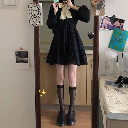 New Spring Autumn Harajuku Women Fashion Vintage Black Bow Lantern Sleeve Stitching Temperament Slim Sweet Girl Dress