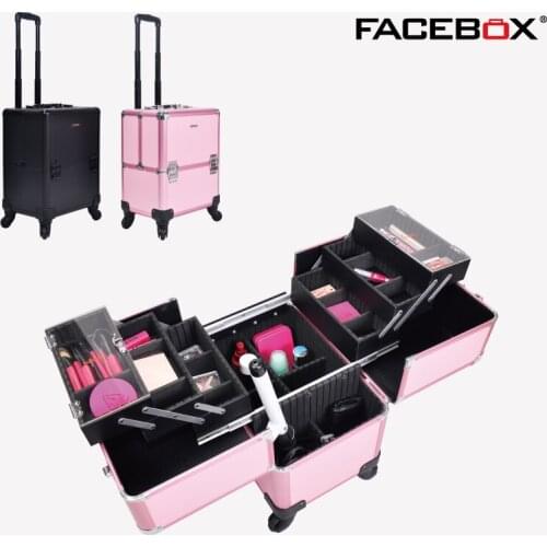 2016 Facebox Brand Makeup Box with Trolley Beauty Case with wheels Professional Removable makeup box Black and pink color