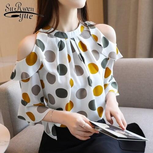 Chemisier Femme Stand Collar Off-Shoulder Short Sleeve Elegant Chiffon Blouse Korean Loose Polka Dot Slim Fit Women Tops 8983 50