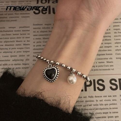 Mewanry 925 Sterling Silver Bracelet for Women Fashion Vintage Elegant Creative Black Love Pearl Party Jewelry Birthday Gifts