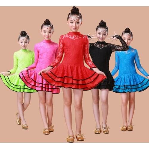 5color Lace Kids Newest Sexy Ballroom Dresses Tango Salsa Latin Dance Dress Children black pink lace dress for girls long sleeve