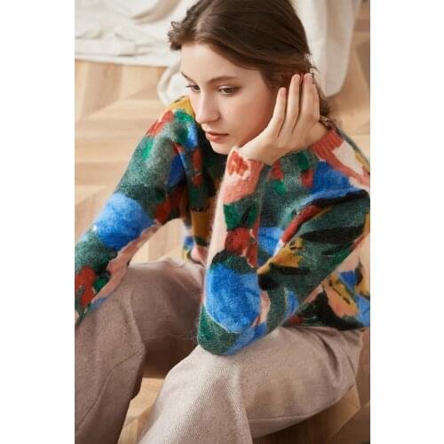 ElfStyle Mohair Wool O Neck Painting Printing Knitted Pullover Top - Female Winter Spring Knitted Jumper