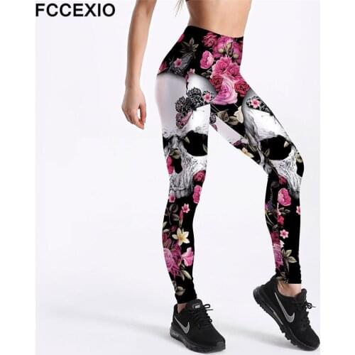 FCCEXIO High Quaility 3D Skulls and Flowers Digital Printing Women Leggings Fashion High Waist Slim Fitness Legging Plus Size
