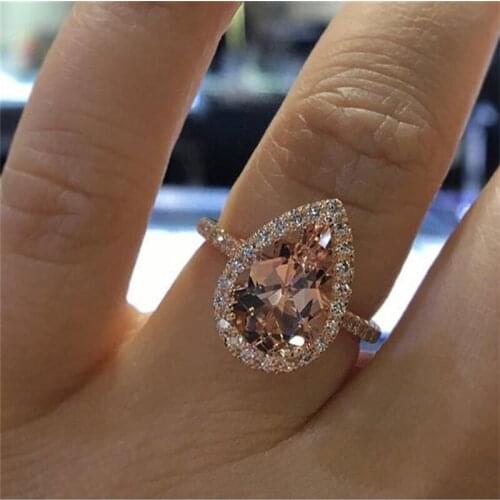 Champagne Color Pear Shape Huge CZ Prong Setting Rose Gold Color Fashion Engagement Rings Luxury Wedding Anniversary Ring