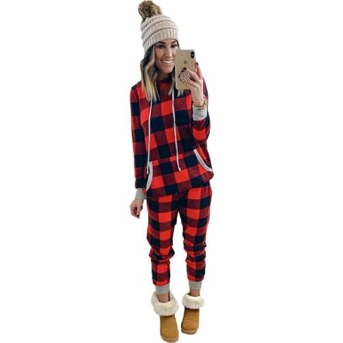 Red Plaid Pocket Drawstring Christmas Hooded Pajamas Set