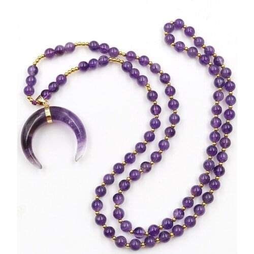 Lapis Lazuli Light Yellow Gold Color Crescent Moon Pendant Amethysts Stone Necklace with Long Round Beads Chain Jewelry
