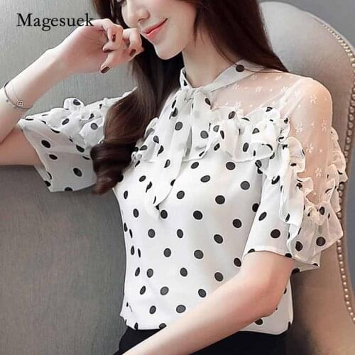 2020 Fashion Bow Dot Lace Womens Clothing Summer Blouses Short Sleeve Chiffon Women Blouse Shirt Womens Tops and Blouses 3569