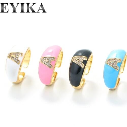 EYIKA Fashion 26 English Letter 4 Colors Neon Enamal Diy Initials Name Zircon Chunky Open Ring Women Girls Engagement Jewelry