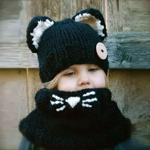 Fashion Kids Winter Hats Girls Boys Children Crochet Warm Cap Scarf Set Baby Bonnet Cartoon Cute Cat Hat for Girl Boy