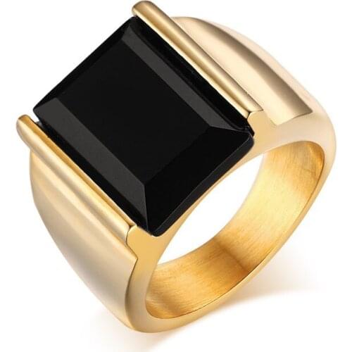 Gold Silver Color Mens Ring Black Large Stone 316L Stainless Steel Jewelry For Men Charm Wedding Ring