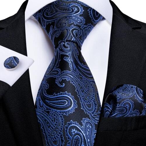 Men Necktie 8cm Business Blue Paisley Black Mens Ties Pocket Square Cufflinks Gift Set For Men Cravat Suit Accessories DiBanGu