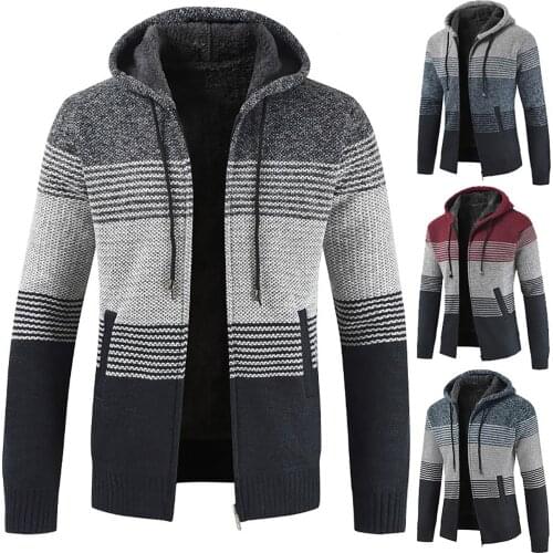 Autumn Winter Mens Thick Hooded Sweater Coat Zipper Fleece Long-Sleeved Cardigan Sweaters Solid Color Warm Outwear Jacket Tops
