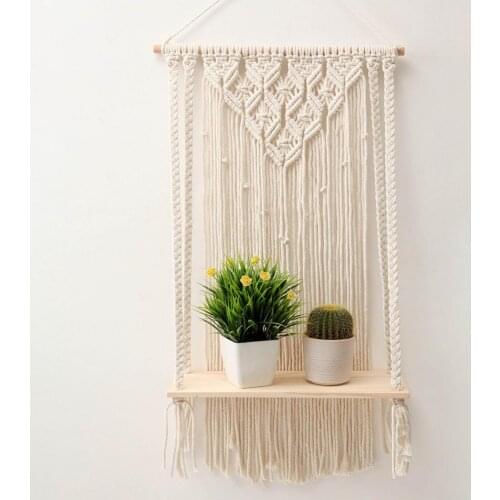 Hand-Woven Tapestry Rack Wooden Shelf Wall Hanging Green Plant Racks Bohemian Decoration Tapestry Ornament Livingroom