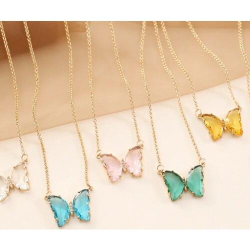 Popular Beautiful Glass Butterfly Clavicle Chain Necklace for Womens Girls Pendant Necklace