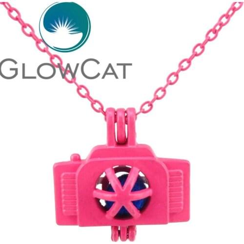 RR218 Hot Pink Camera Design Oyster Pearl Beads Cage Essential Oil Diffuser Aromatherapy 18'' Necklace Locket Cage