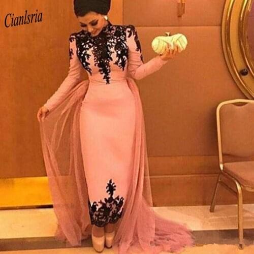 Pink With Black Appliques Muslim Evening Dress Long Sleeve Islamic Dubai Kaftan Saudi Arabic Formal Evening Party Dresses