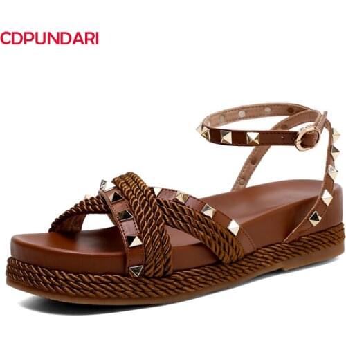 Genuine Leather Rivet Punk Flat Platform Gladiator Sandals Women Summer Casual Shoes Sandales Femmes 2021 Sandalias Mujer
