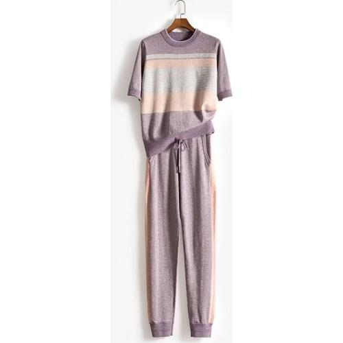 2 Pieces golden Ice silk Knitted hit color cool wool Suits short sleeve Sweater + Trousers Leisure two-pieces suits F900