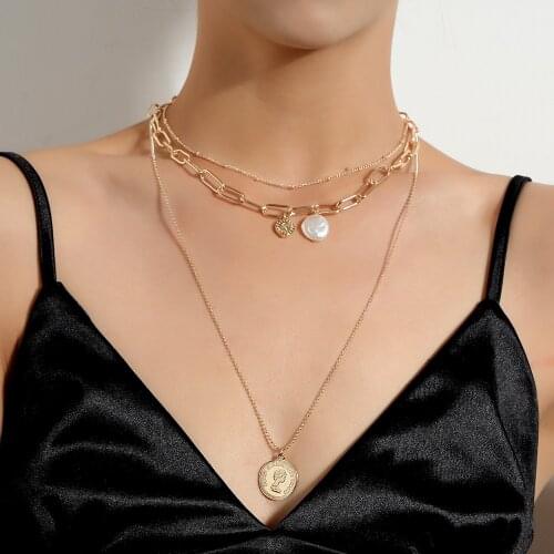 Embossed Queen Head Pendant Necklace Female Retro Multilayer Round Bead Wild Pearl Necklace