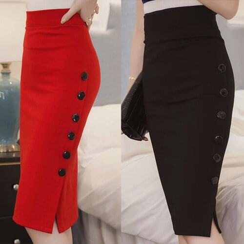 Elegant Bodycon Lady OL Skirts Womens Pencil Skirt Ladies High Waisted Button Split Office Skirt Plus Size Stretch Midi Skirts