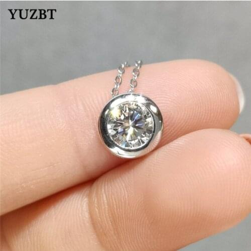 YUZBT 18K White Gold Plated 1-2 ct Excellent Cut Round Gemstone Pendant Necklace Diamond Test Past D Color Moissanite Chain