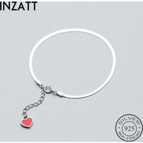 INZATT Real 925 Sterling Silver Snake Bone Dlade Chain Enamel Red Heart Pendant Bracelet Fine Jewelry For Women Cute Accessories