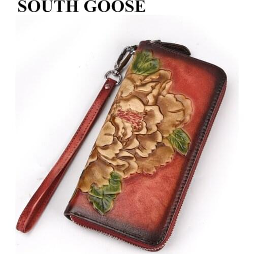 SOUTH GOOSE Women Wallet Female Genuine Leather Long Clutch Wallets Flower Embossing Zipper Wallet Women Card Purse Bag