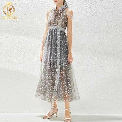 SMTHMA New Fashion Runway Sleeveless Summer Dresses Womens Lace Patchwork Mesh Print Vintage Maxi Long Dress Vestidos