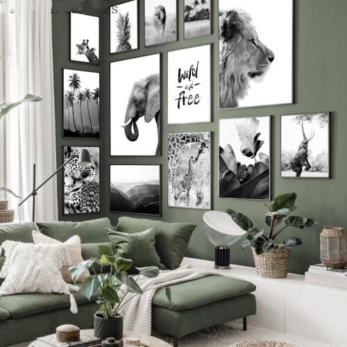 Giraffe Elephant Lion Pineapple Palm Tree Canvas Painting for Living Room Black and White Wall Art Posters Home Wall Decor