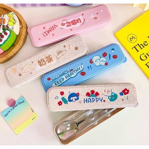 3Pcs/Set Cartoon Box Chopsticks Spoon Stainless Steel Tableware Dinnerware Kit